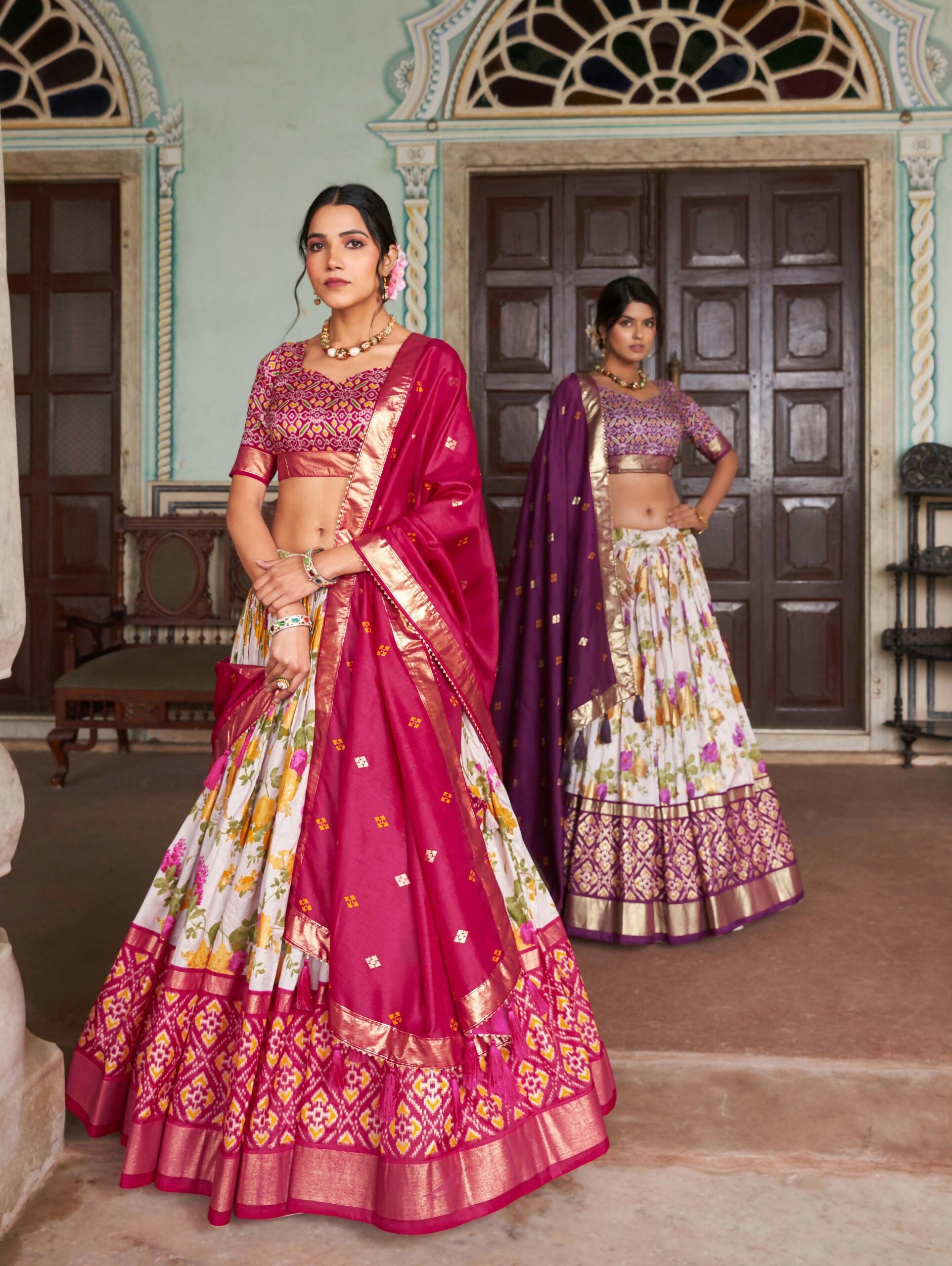 Vastranavya Exquisite Tussar Silk Lehenga Set With Perfect Floral And Patola Print Design Lehenga Choli - Red | Grocsy