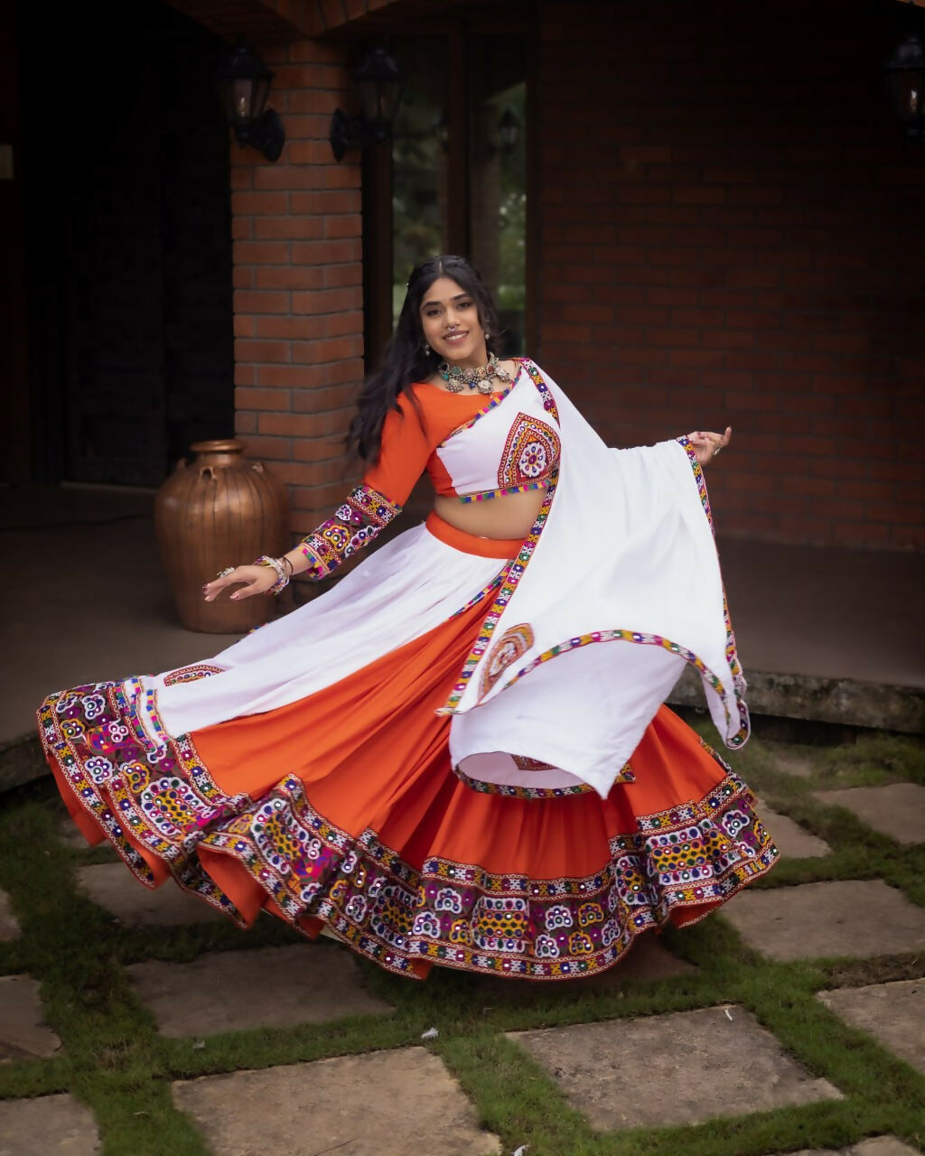 Yash Enterprise Orange Rayon Cotton Embroidery Semi Stitched Navratri Top Chaniya Choli | Grocsy