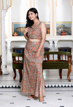 Miravan Women's Brown Floral Printed Crop Top And Skirt Co-Ord Set | Grocsy