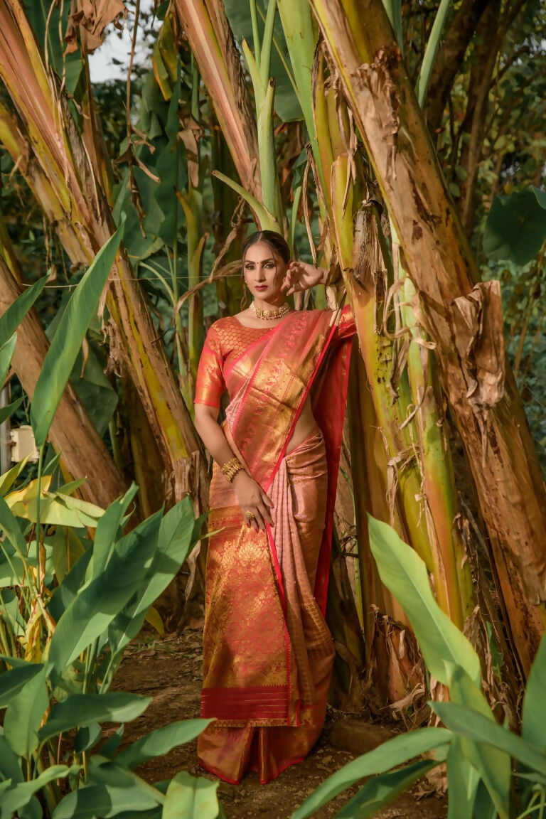 Jyoti Fashion Women's Peach Kanjivaram Silk Zari Woven Saree with Blouse | Grocsy