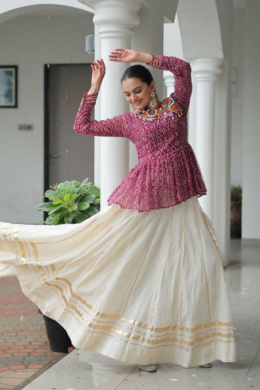 Teeya Creation Wine And White Colour Cotton Printed Navratri Lehenga Choli | Grocsy
