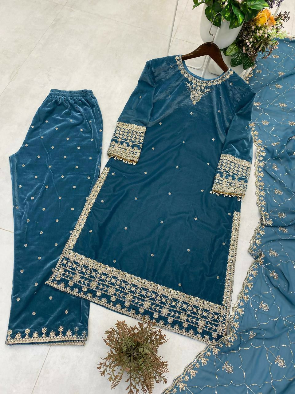 Vastranavya Blue Velvet Sequence Embroidery Work Kurta & Bottom With Dupatta | Grocsy