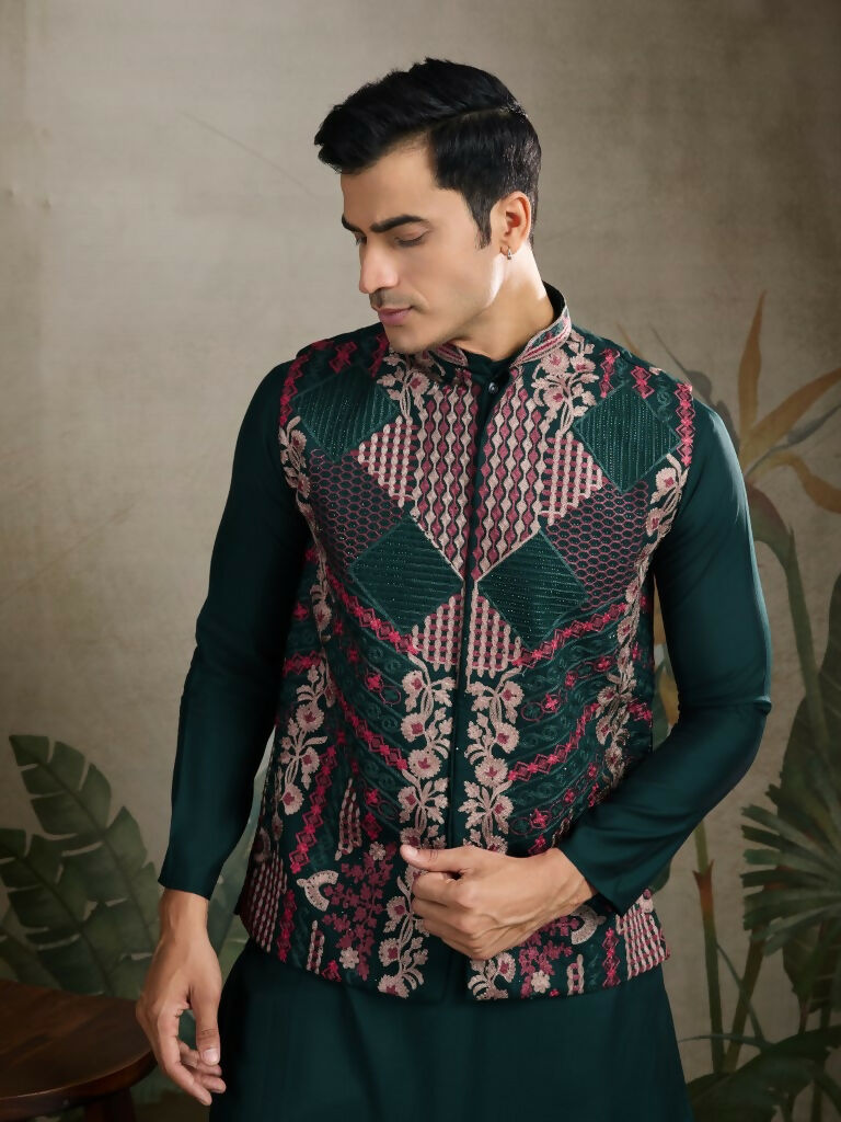 Vastranavya Green Exclusive Festival Viscose Silk Thread & Swarovski Embroidered Work Mens Wear Kurta & Koti | Grocsy