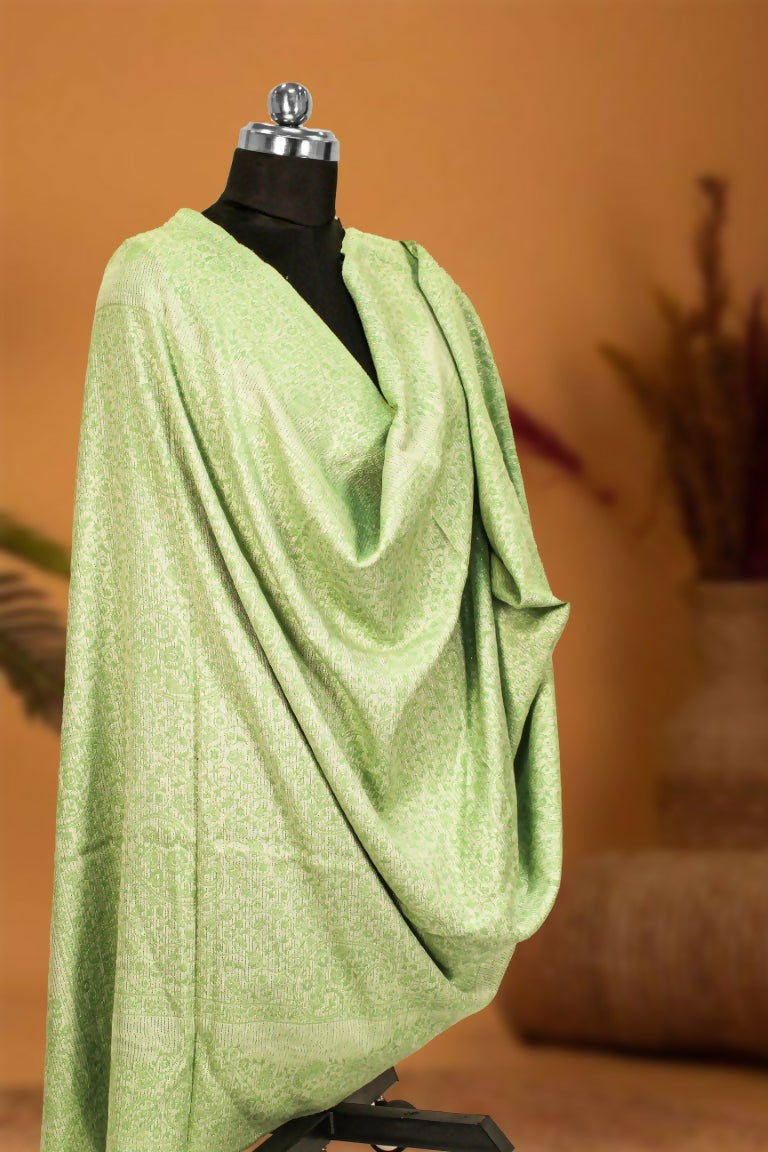 Weaving Mystery Handloom Pashmina Shawl-Kaani Zari - Pista | Grocsy