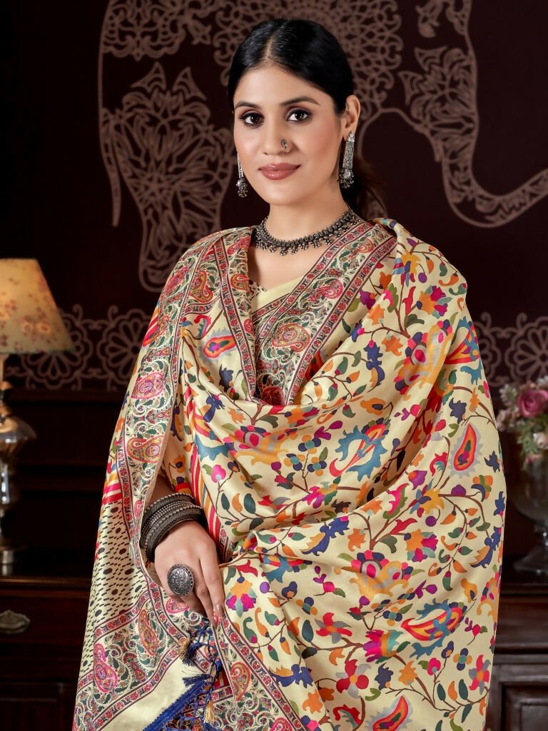 Aayaa Designer Winter Collection Printed Saree With Shawl - Multi Color | Grocsy