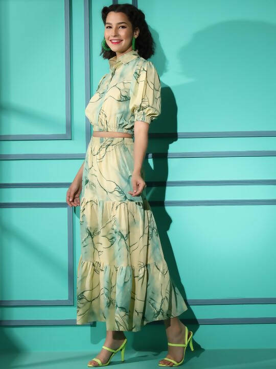 Green Rayon Tie dye Printed Top with Matching Skirt - Shivani | Grocsy
