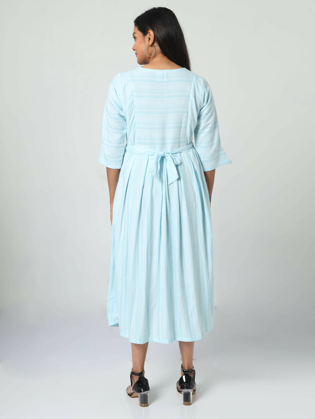 Manet Three Fourth Maternity Dress Striped With Concealed Zipper Nursing Access - Light Blue | Grocsy