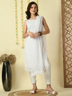Myshka Women's White Georgette Sleeveless Straight Party Kurta With Dupatta Set | Grocsy