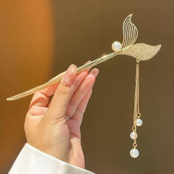 Joban Fashion Gold Metal Hair Stick Pearl Tassel Hair Vintage Mermaid Tail Hairpin | Grocsy