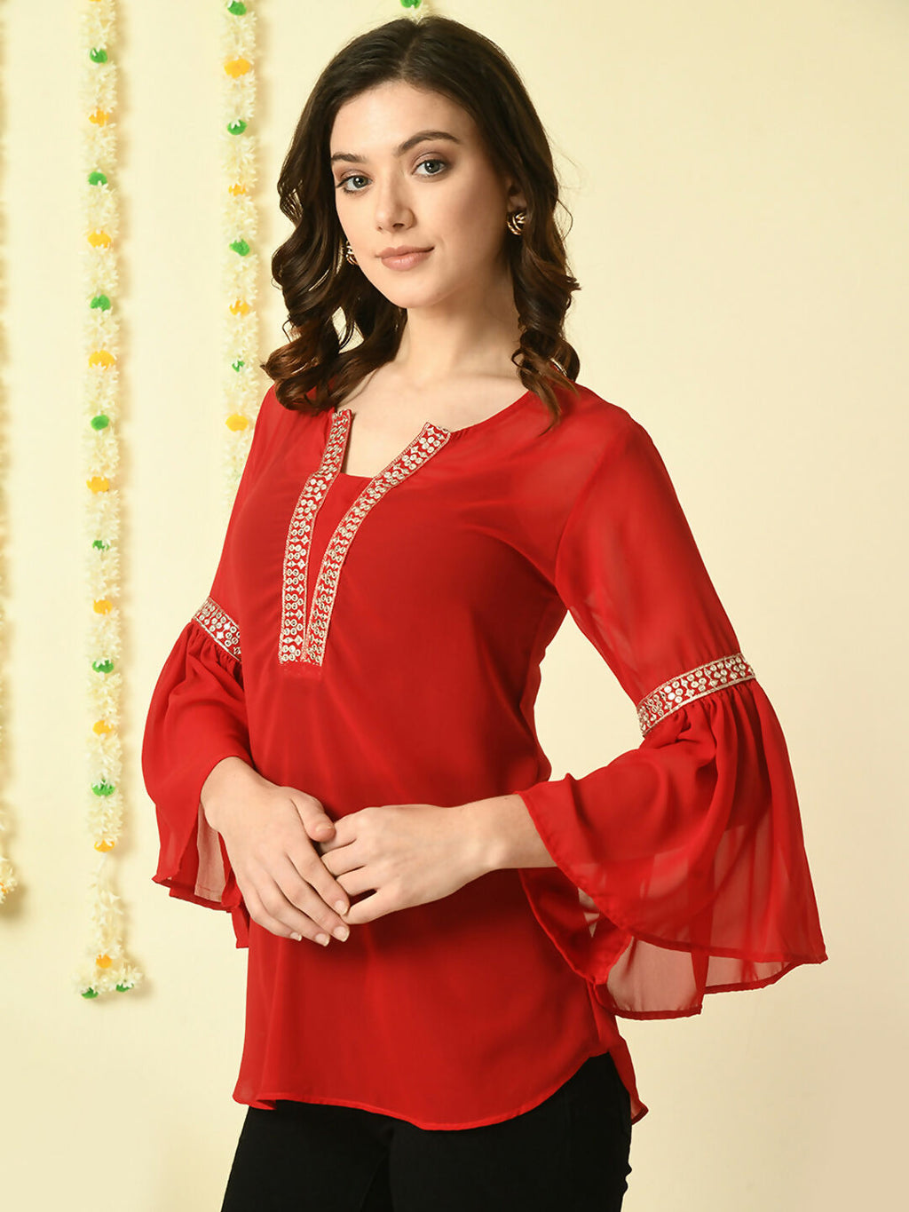 Myshka Women's Red Embroidered Party Fusion Top | Grocsy