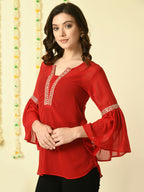 Myshka Women's Red Embroidered Party Fusion Top | Grocsy