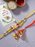 NVR Women & Men Set of 2 Yellow Peacock Design Bhaiya Bhabhi Rakhi With Roli Chawal & Chocolate | Grocsy