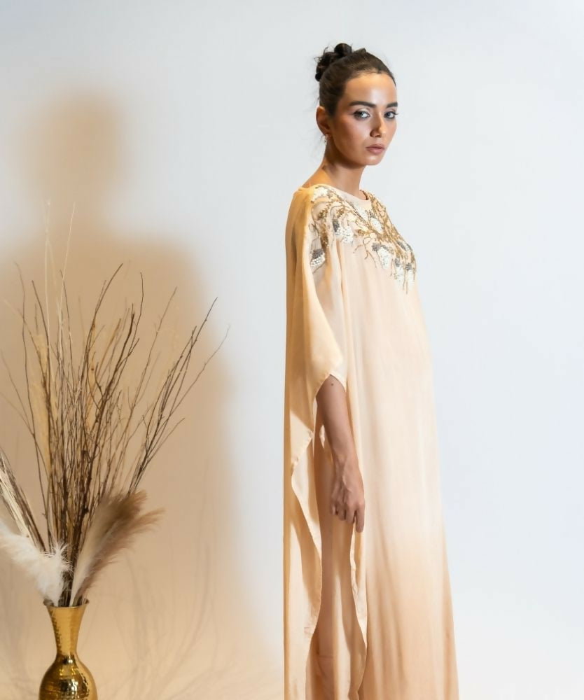 Timaraa Champagne Beige Ombre Embellished Georgette Kaftan Dress | Grocsy