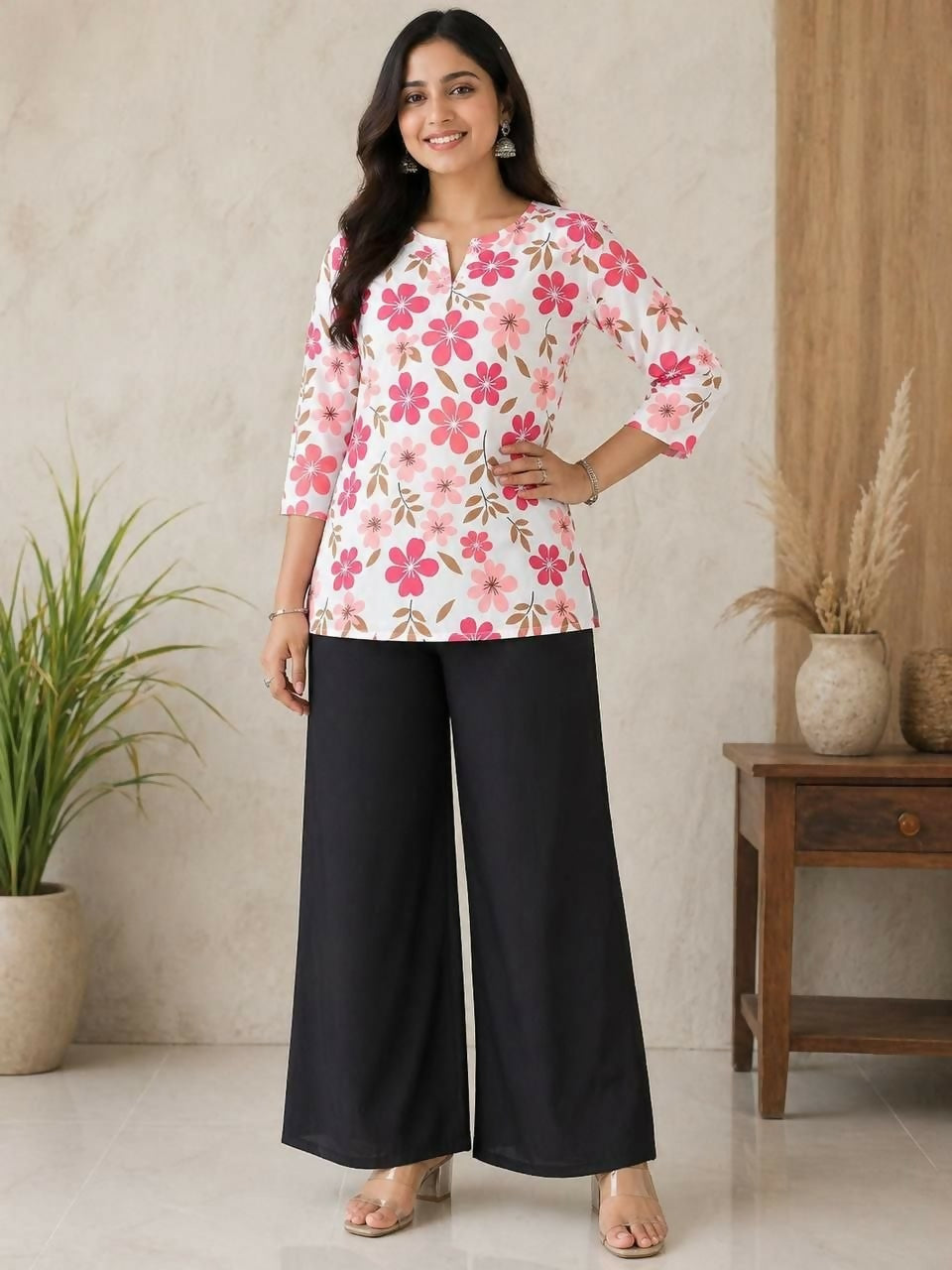 Teeya Creation Women White & Rani Pink Bold Floral Printed Cotton Kurti with Black Wide-Leg Palazzo Set | Grocsy