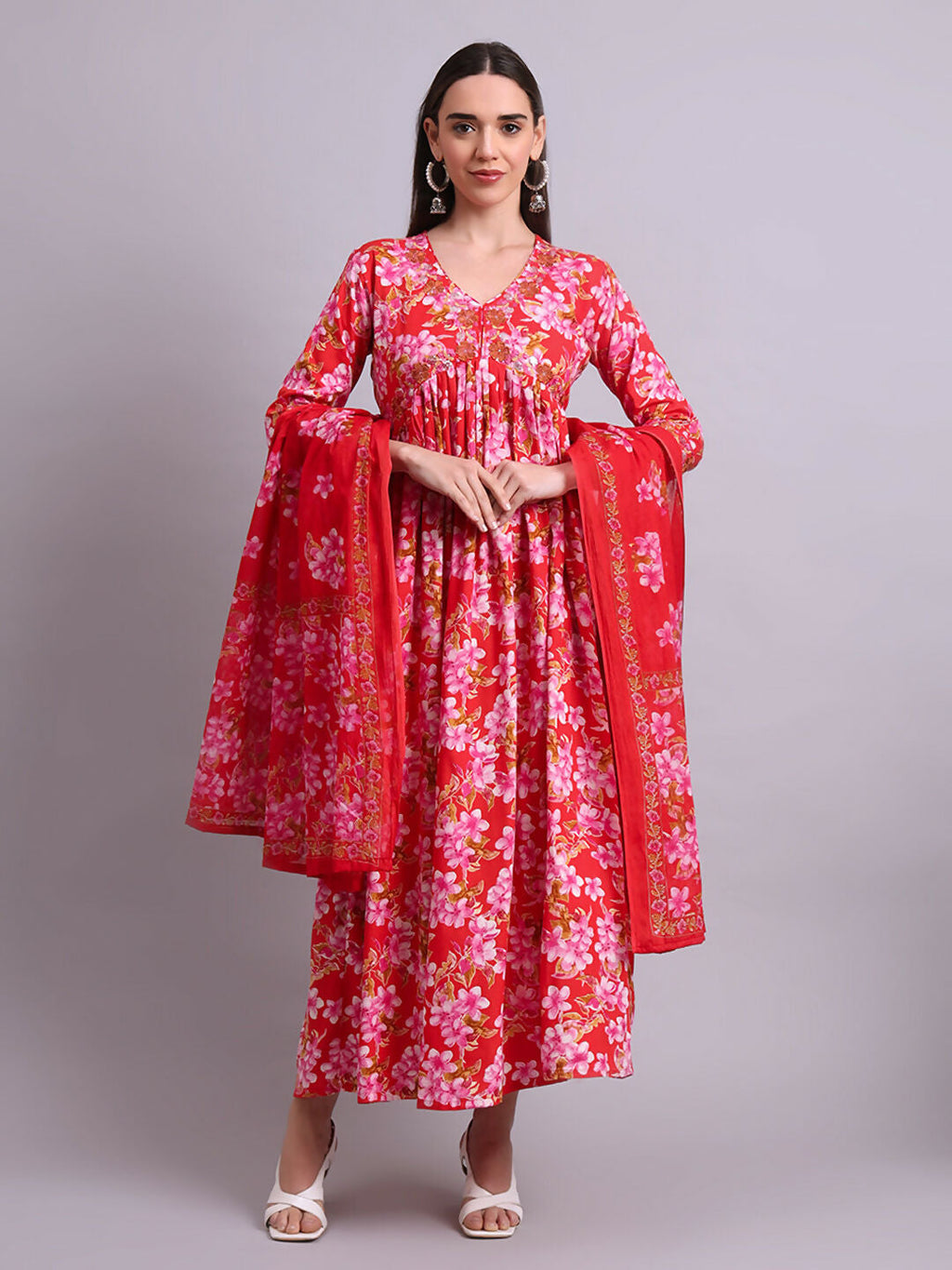 Joban Fashion Red Cotton Floral Printed & Embroidery Work Anarkali Dress With Dupatta Set | Grocsy