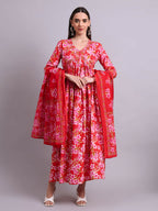 Joban Fashion Red Cotton Floral Printed & Embroidery Work Anarkali Dress With Dupatta Set | Grocsy