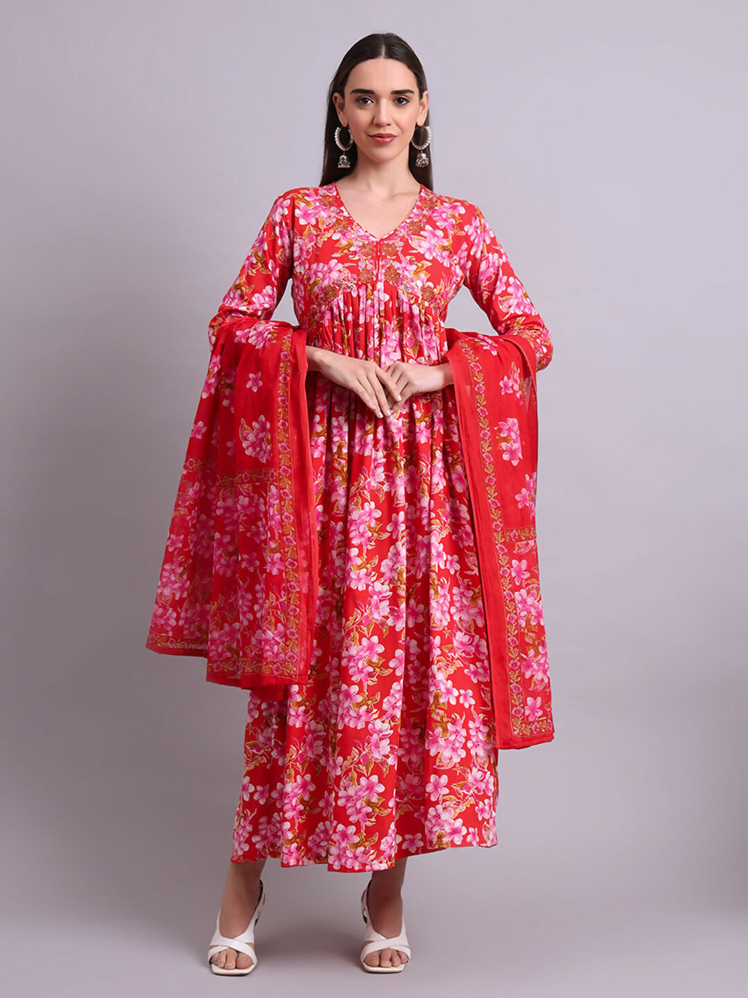 Joban Fashion Red Cotton Floral Printed & Embroidery Work Anarkali Dress With Dupatta Set | Grocsy