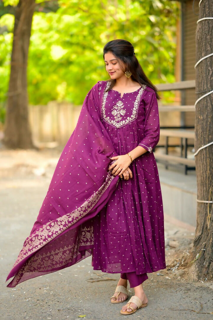 The52 Women's Beautiful Cotton Fabric Embroidery Work Flared Anarkali Pant and Dupatta Set | Grocsy