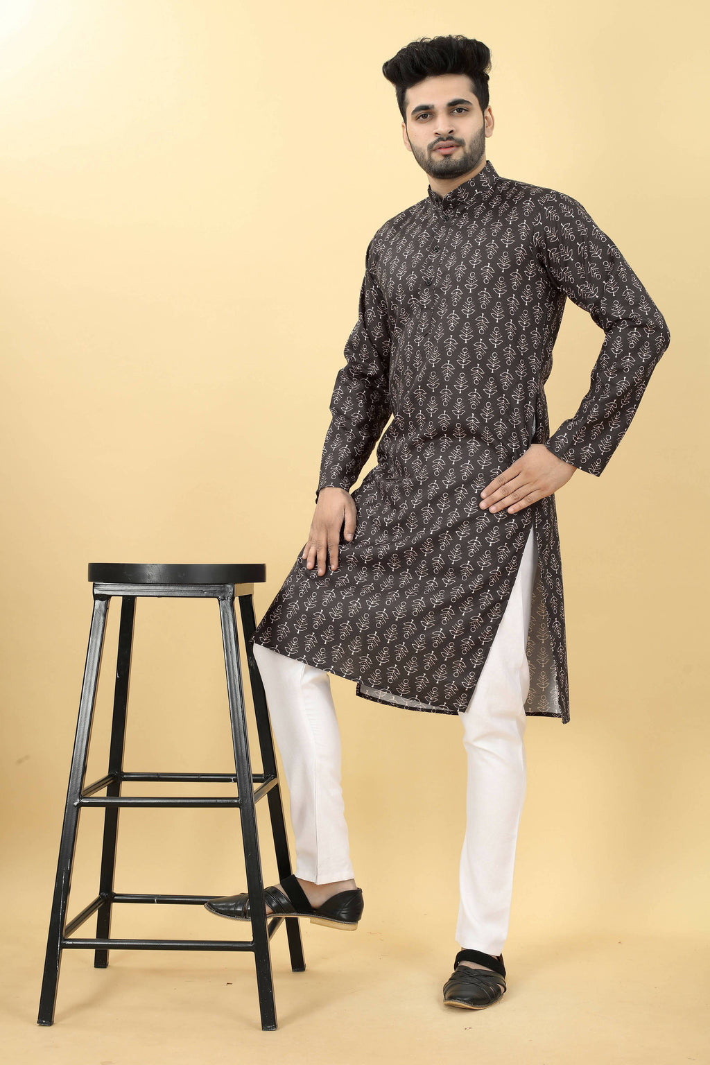 Black Cotton Printed Men's Kurta - Mahotsav | Grocsy