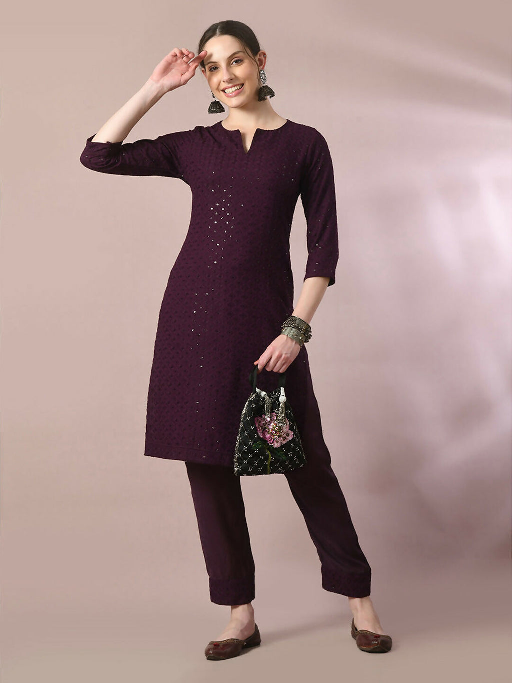 Myshka Women's Magenta Embroidered Cotton Straight Party Kurta Set | Grocsy