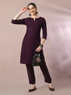 Myshka Women's Magenta Embroidered Cotton Straight Party Kurta Set | Grocsy