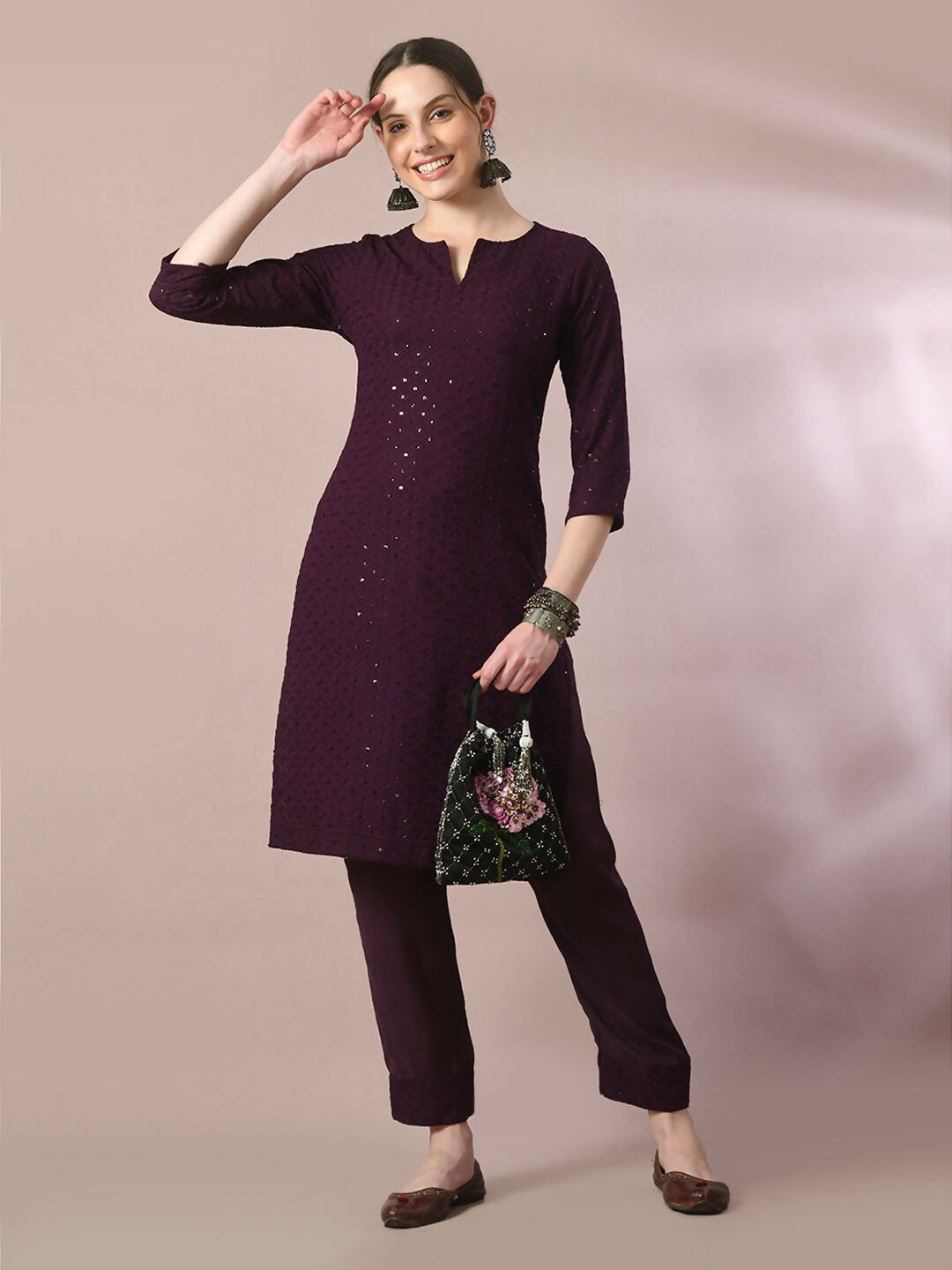 Myshka Women's Magenta Embroidered Cotton Straight Party Kurta Set | Grocsy