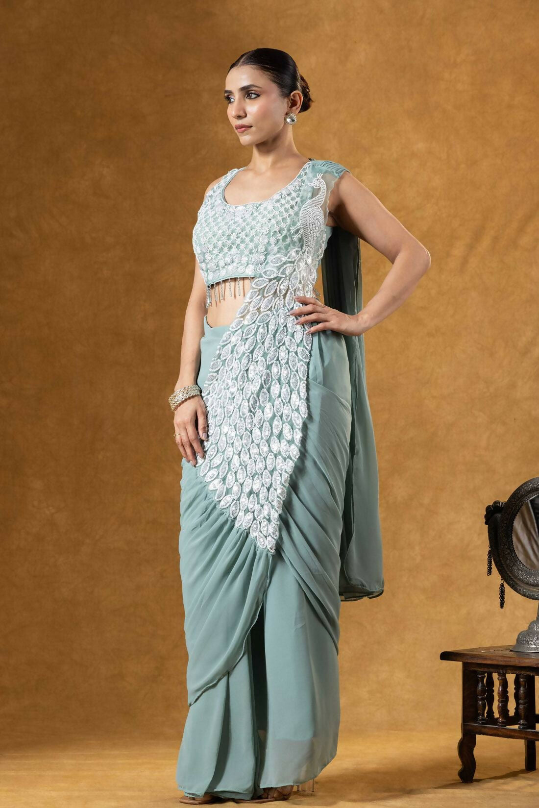 Teeya Creation Teal Color Faux Georgette Embroidery Work Party Wear Ready To Wear Saree | Grocsy
