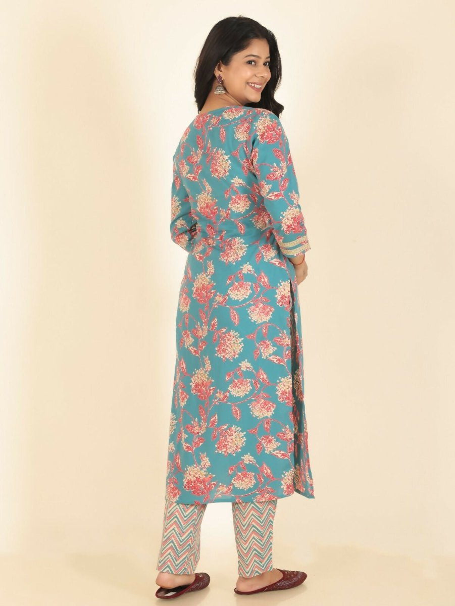 Aramya Green Soft Cotton Floral Print Straight Kurta Pant Set for Women | Grocsy