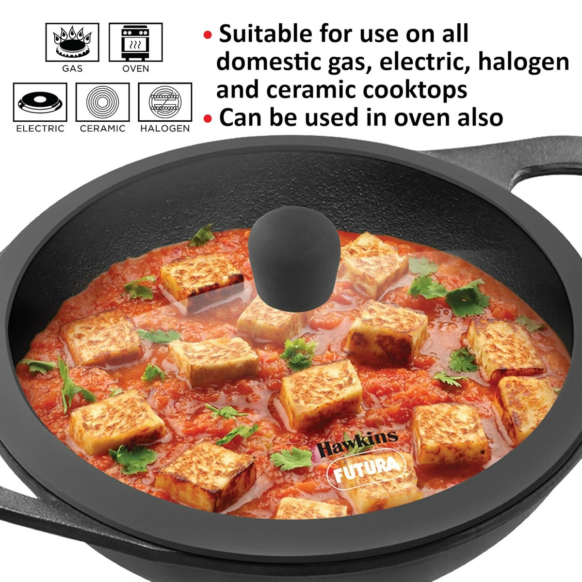 Hawkins Futura Cast Iron Nonstick Kadai with Glass Lid - Black (CIK15G) | Grocsy