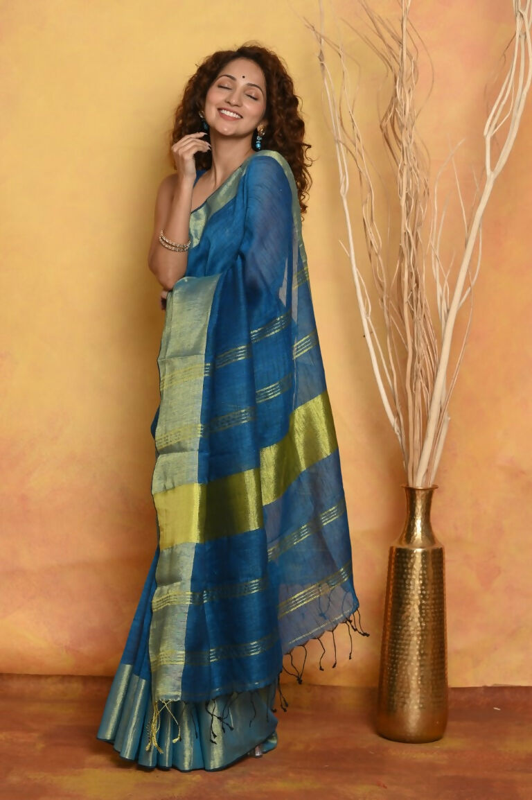 Very Much Indian Handloom Pure Cotton Linen Saree With Golden Border - Serene Blue | Grocsy