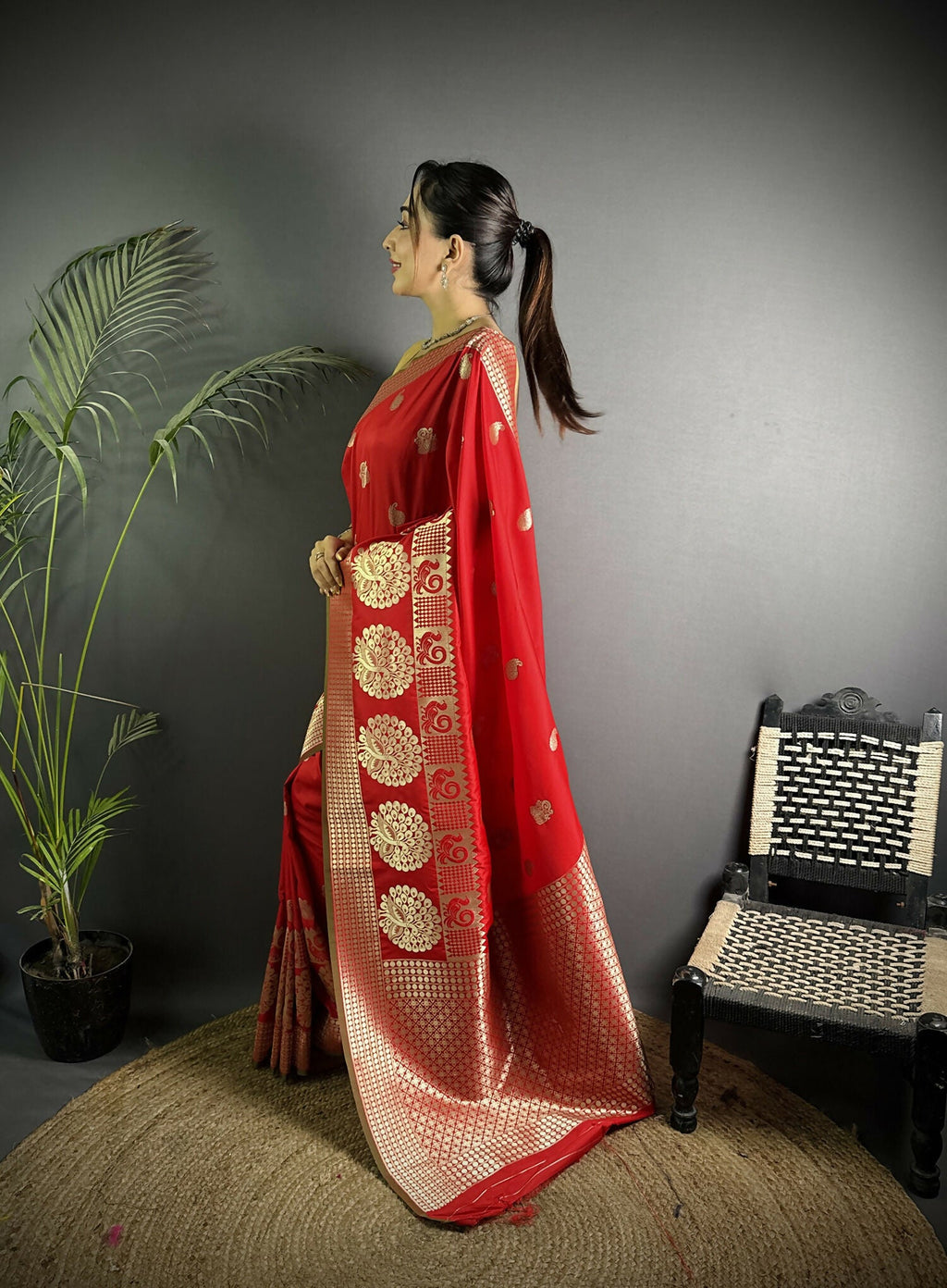 Joban Fashion Red Banarasi Soft Lichi Silk Paisley Saree | Grocsy