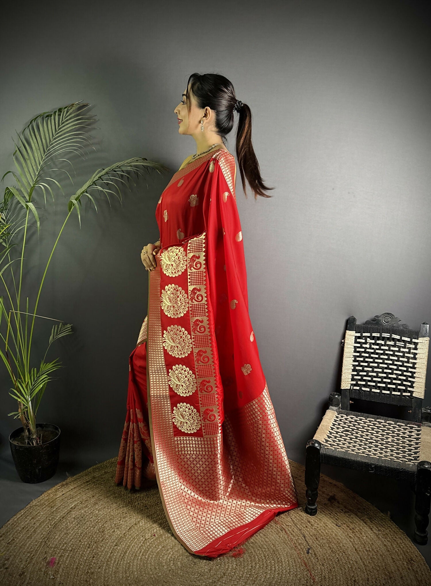 Joban Fashion Red Banarasi Soft Lichi Silk Paisley Saree | Grocsy