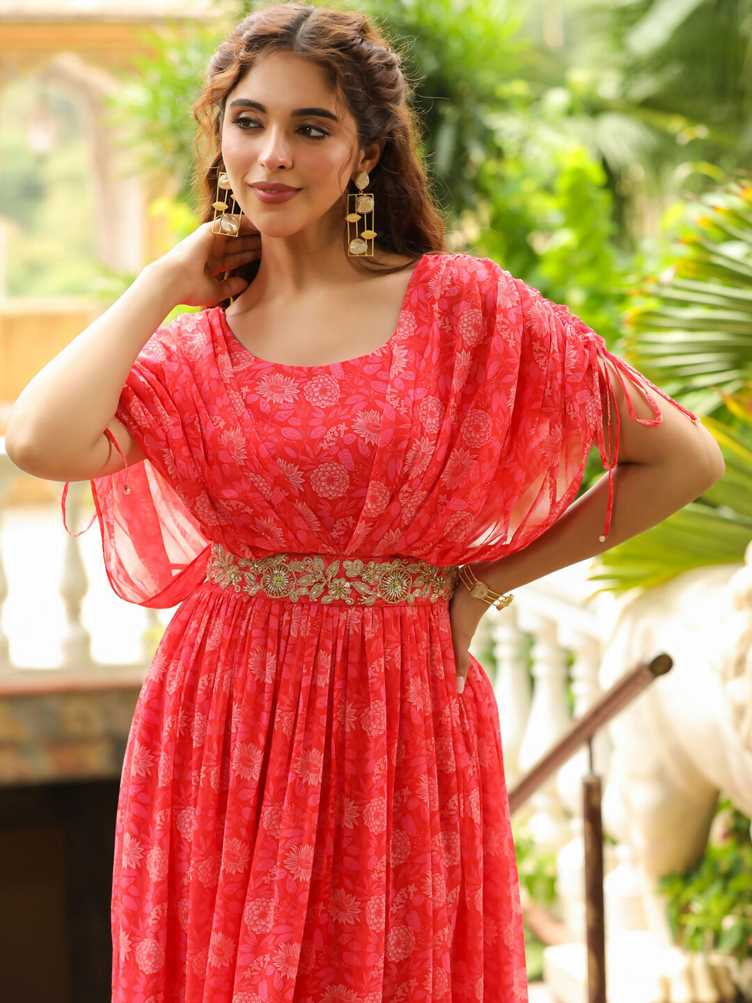 Janasya Pink Georgette Floral Gown | Grocsy