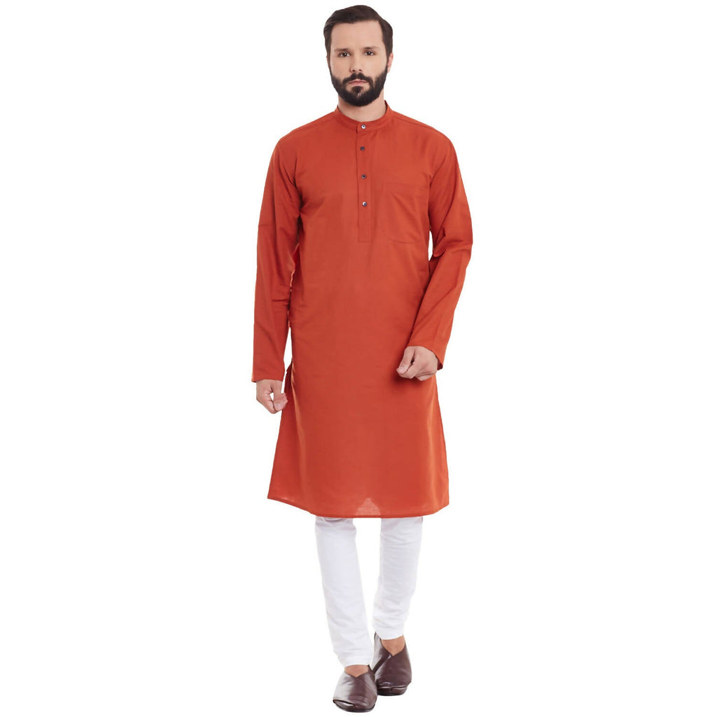 Even Apparels Orange Pure Cotton Men's Kurta With Band Collar | Grocsy