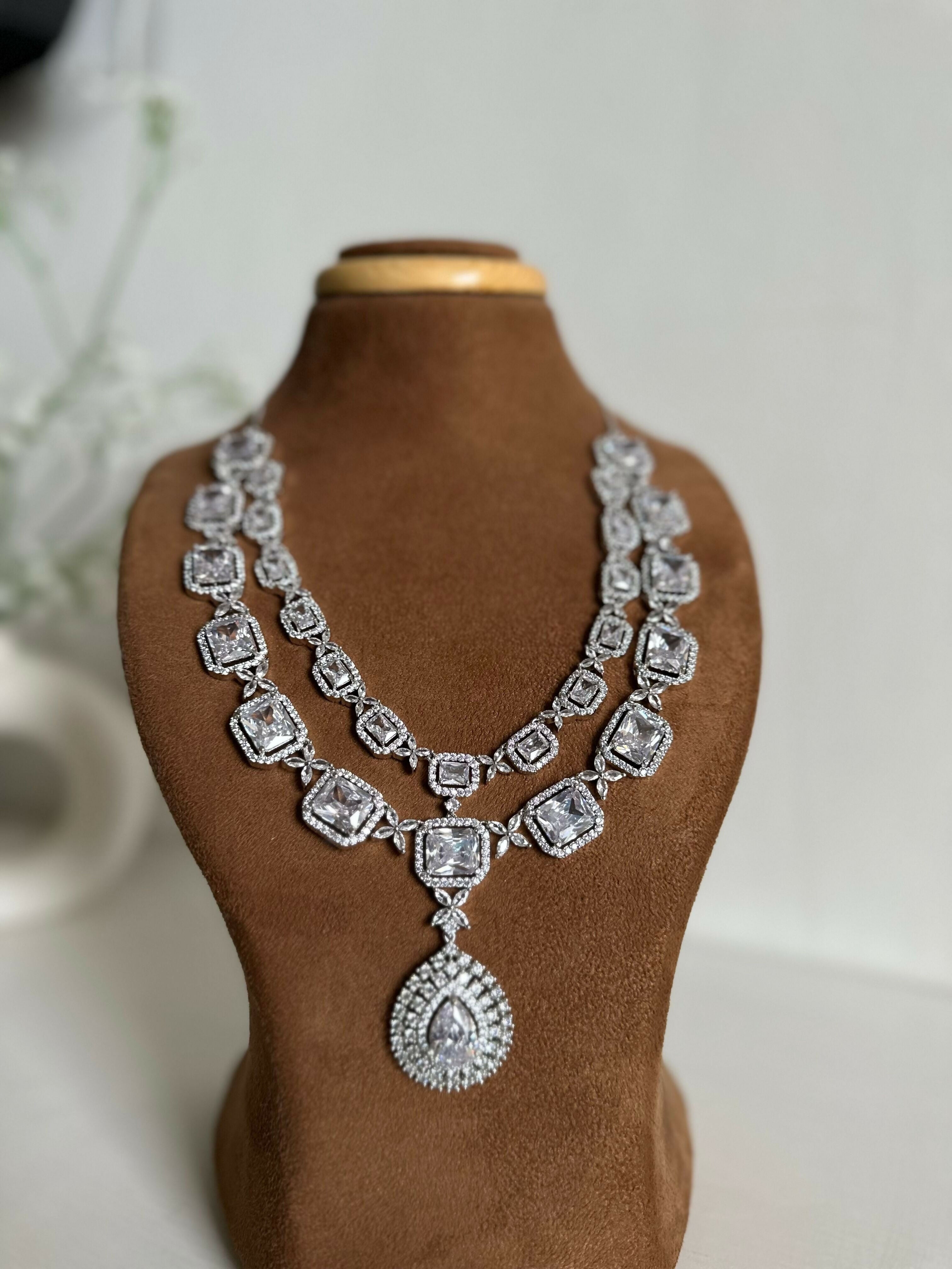 Siver American Diamond Two Layer Elegent Necklace Set With Earrings By House of Ree - Swadesiicart