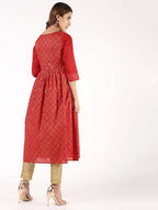 Aniyah Cotton Block Print Flared Kurta In Red (AN-151K) | Grocsy