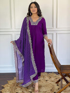 Partywear Designer ViscoseWine Stitched Suit With Dupatta - Tanisha | Grocsy