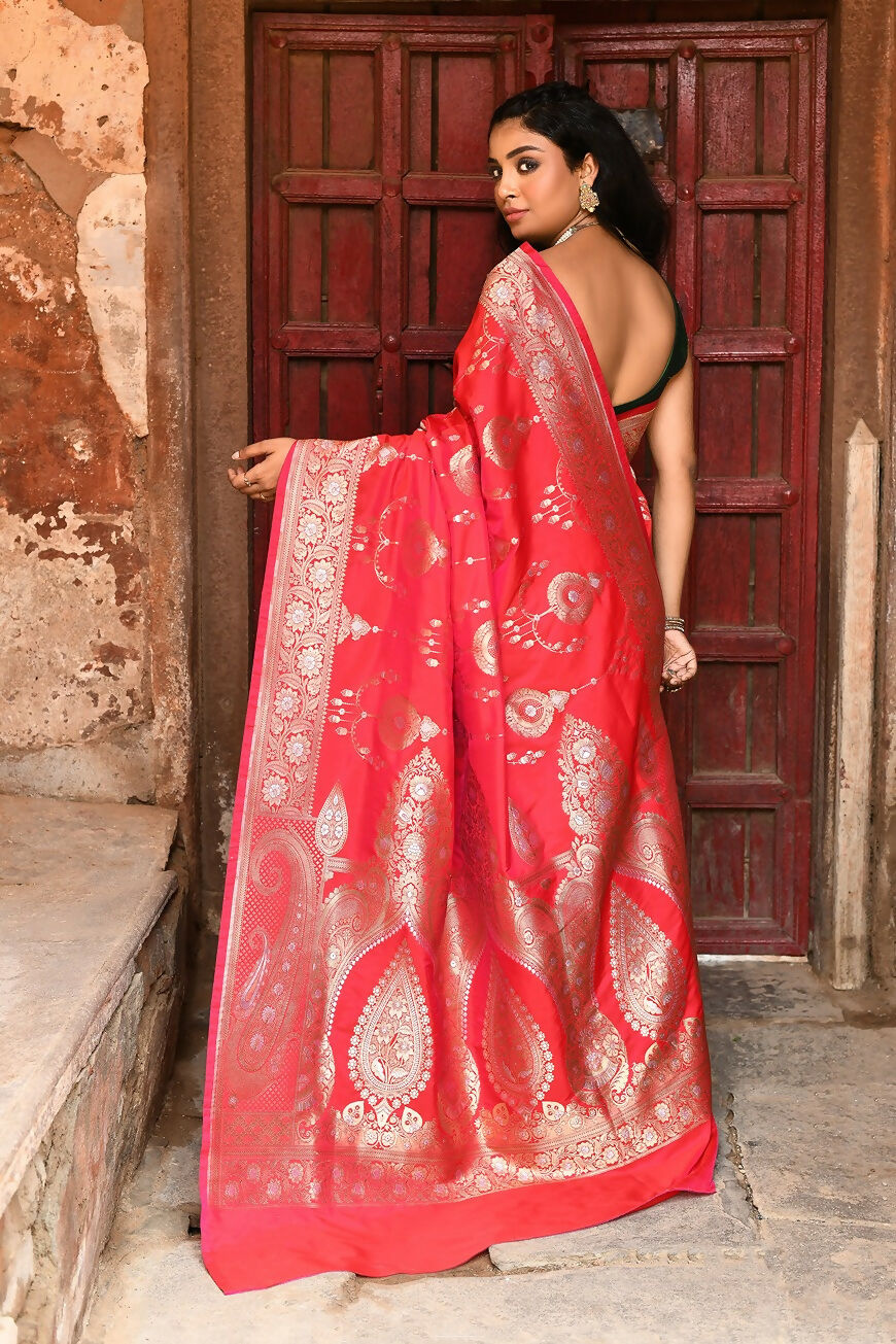 Joban Fashion Red Soft Pure Handloom Banarasi Silk Saree | Grocsy