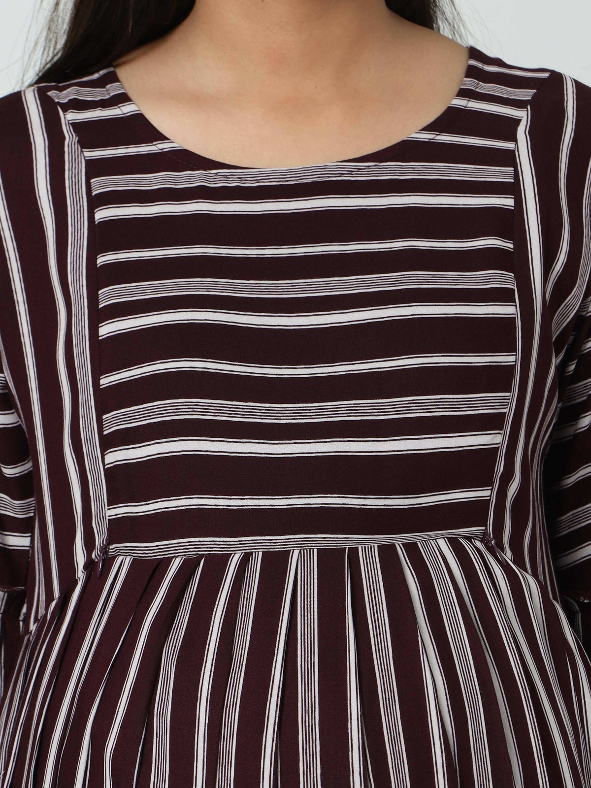 Manet Three Fourth Maternity Dress Striped With Concealed Zipper Nursing Access - Brown | Grocsy