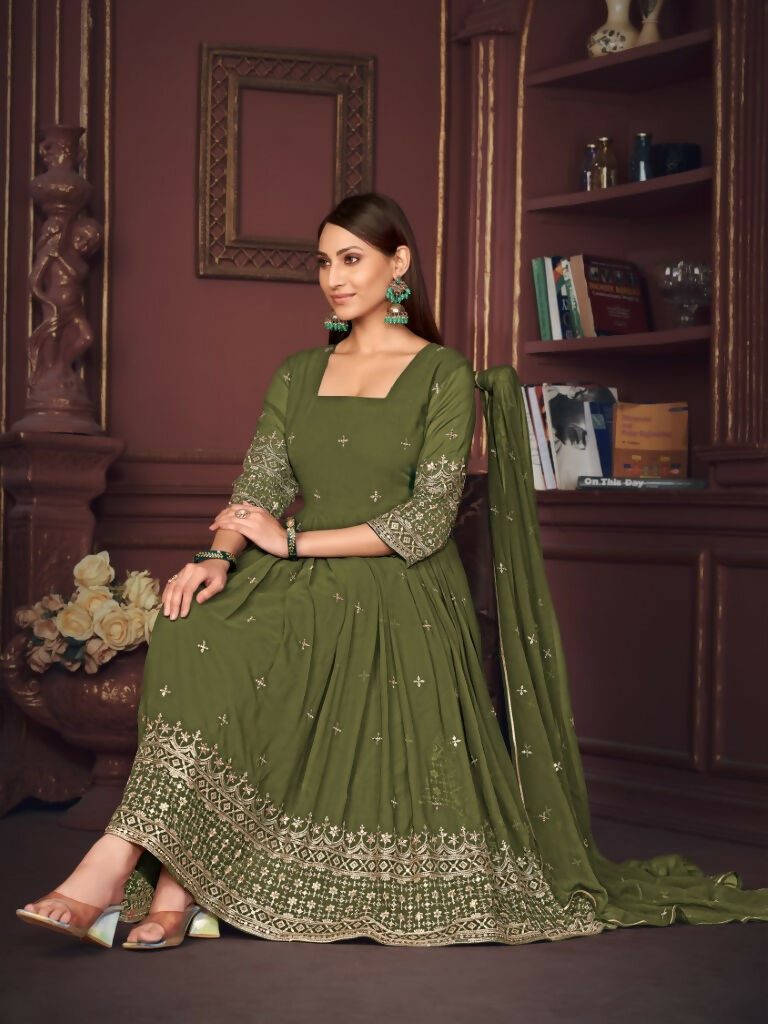 Jyoti Fashion Women's Olive Green Georgette Embroidered Anarkali Kurta Pant Set With Dupatta | Grocsy