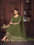 Jyoti Fashion Women's Olive Green Georgette Embroidered Anarkali Kurta Pant Set With Dupatta | Grocsy