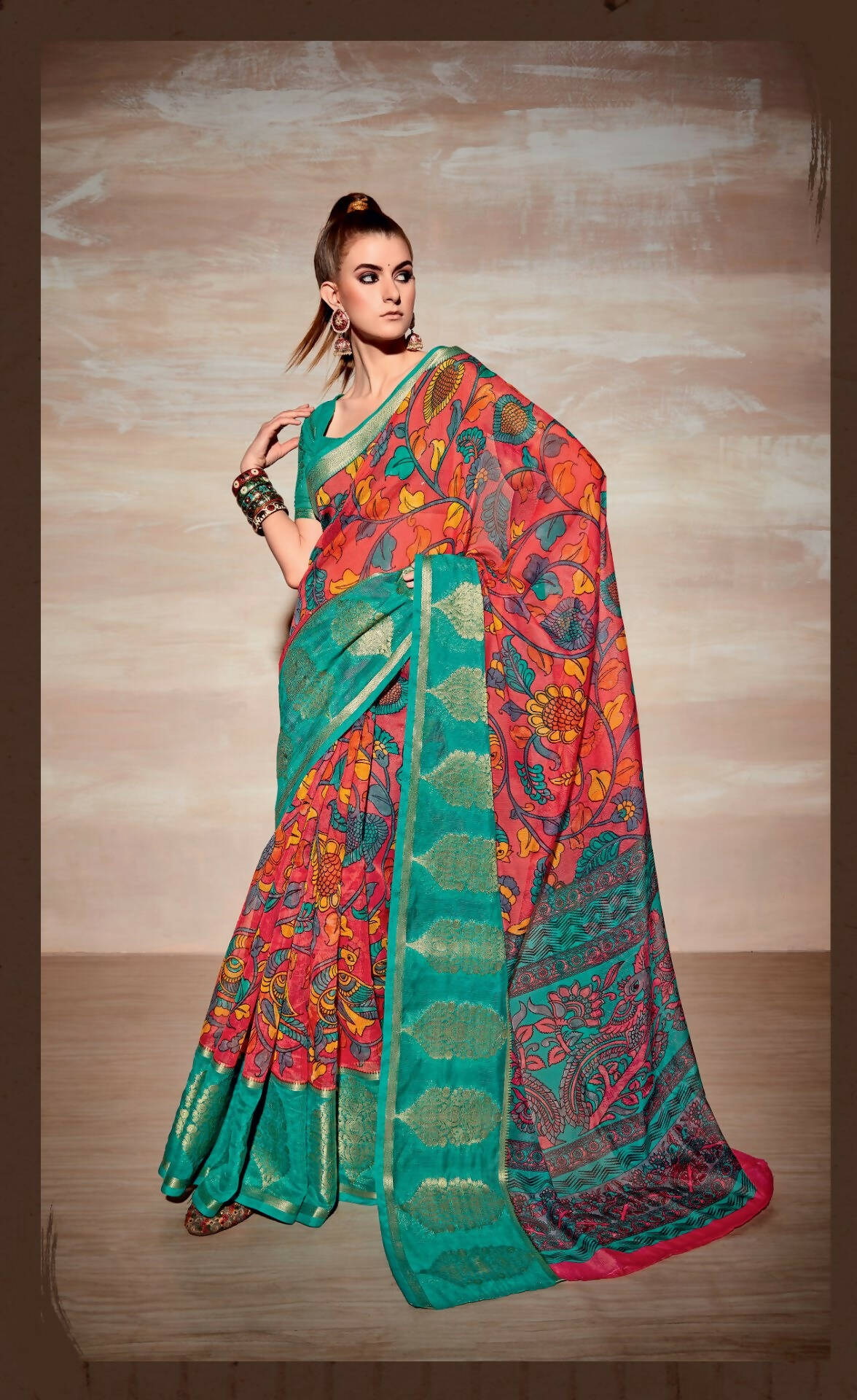Peach Cotton Floral Printed Saree With Unstitched Blouse Piece - Kathika | Grocsy