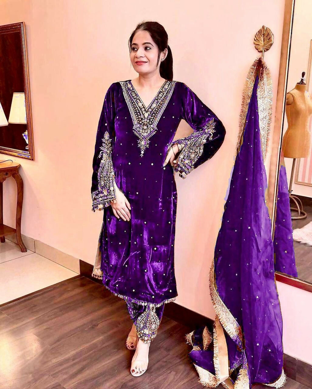 Joban Fashion Royal Purple Velvet Embroidery Kurta Set | Grocsy