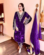 Joban Fashion Royal Purple Velvet Embroidery Kurta Set | Grocsy
