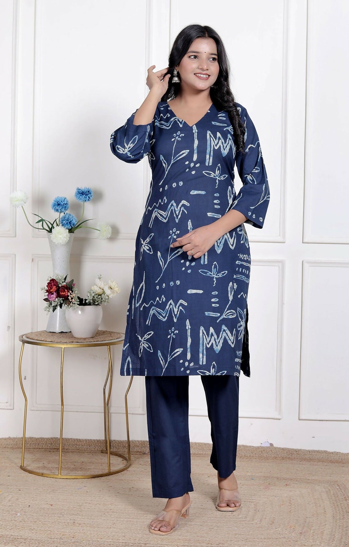 Miravan Womens Abstract Blue Printed Cotton Blue Co-Ord Set | Grocsy