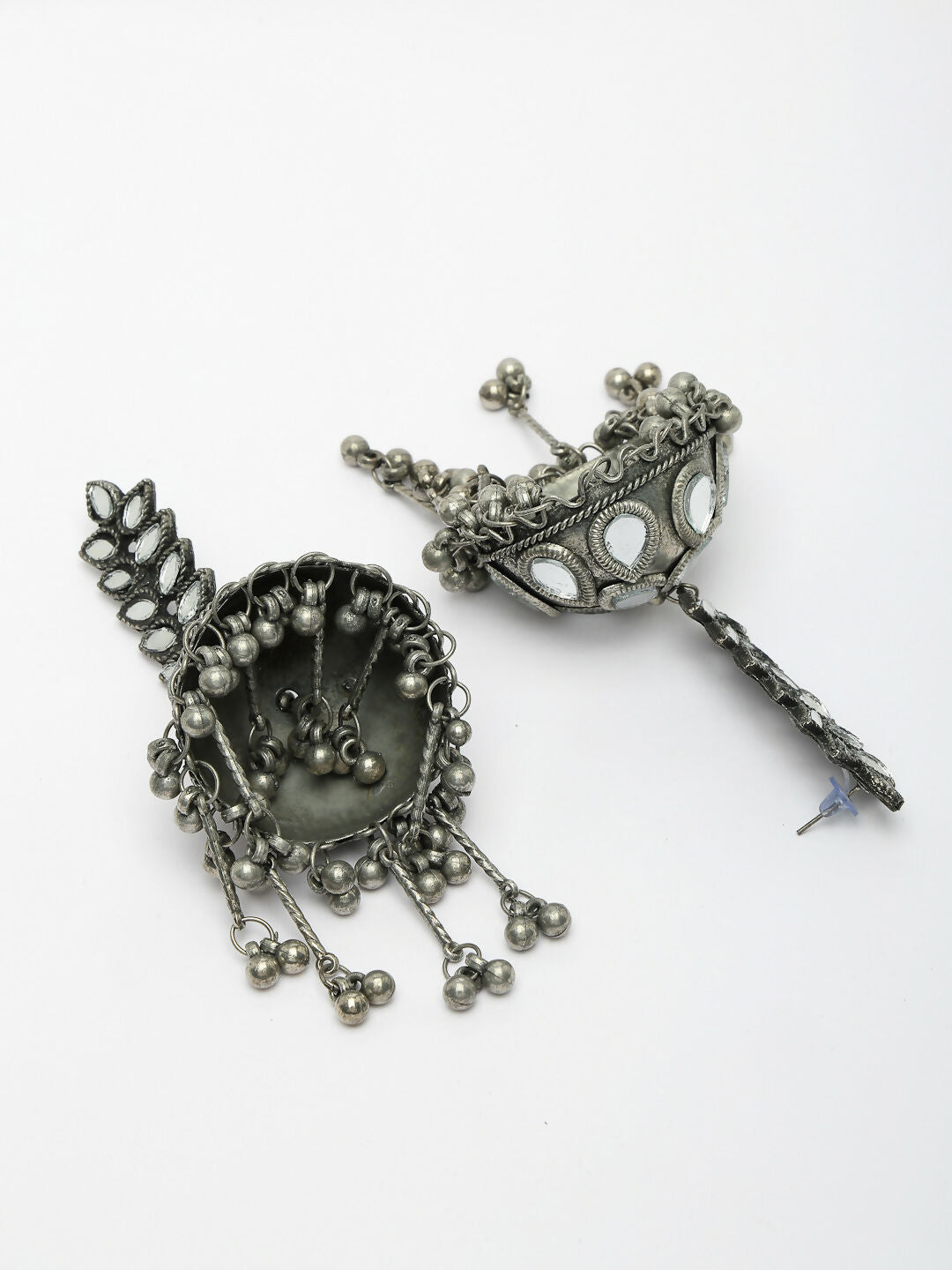 NVR Women's Silver Plated Mirror Work Oxidised Contemporary Jhumka Earrings | Grocsy