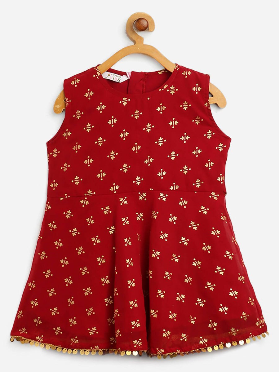 Ahalyaa Maroon Georgette Gold Foil Print Kids Peplum style Kurta Sharara Set With Dupatta For Girls | Grocsy