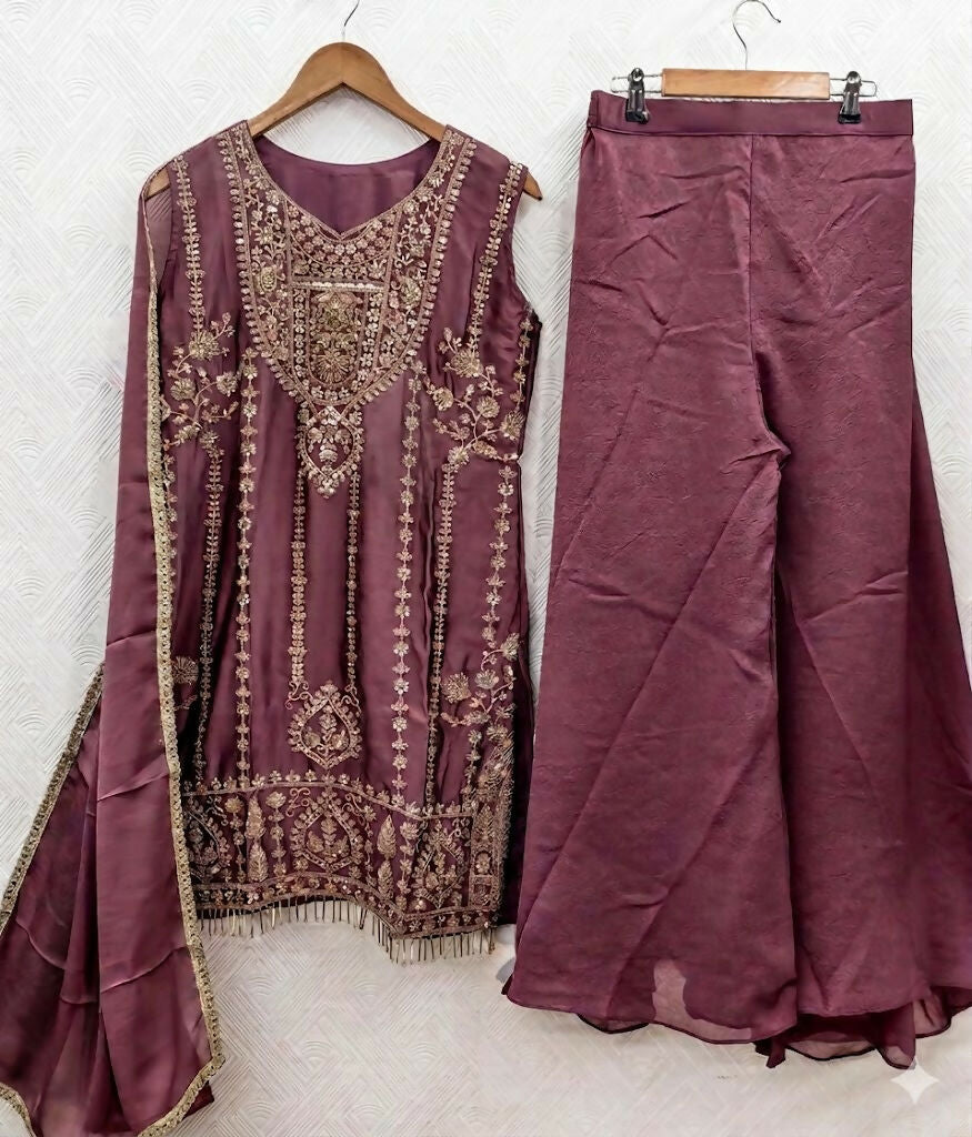 Teeya Creation Womens New Trendy Stylish Heavy Embroiedery With Beads Work Purple Kurta Set | Grocsy