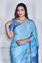Morchari Sky Blue Crepe Hand Embroidery Saree And Stitched Blouse | Grocsy