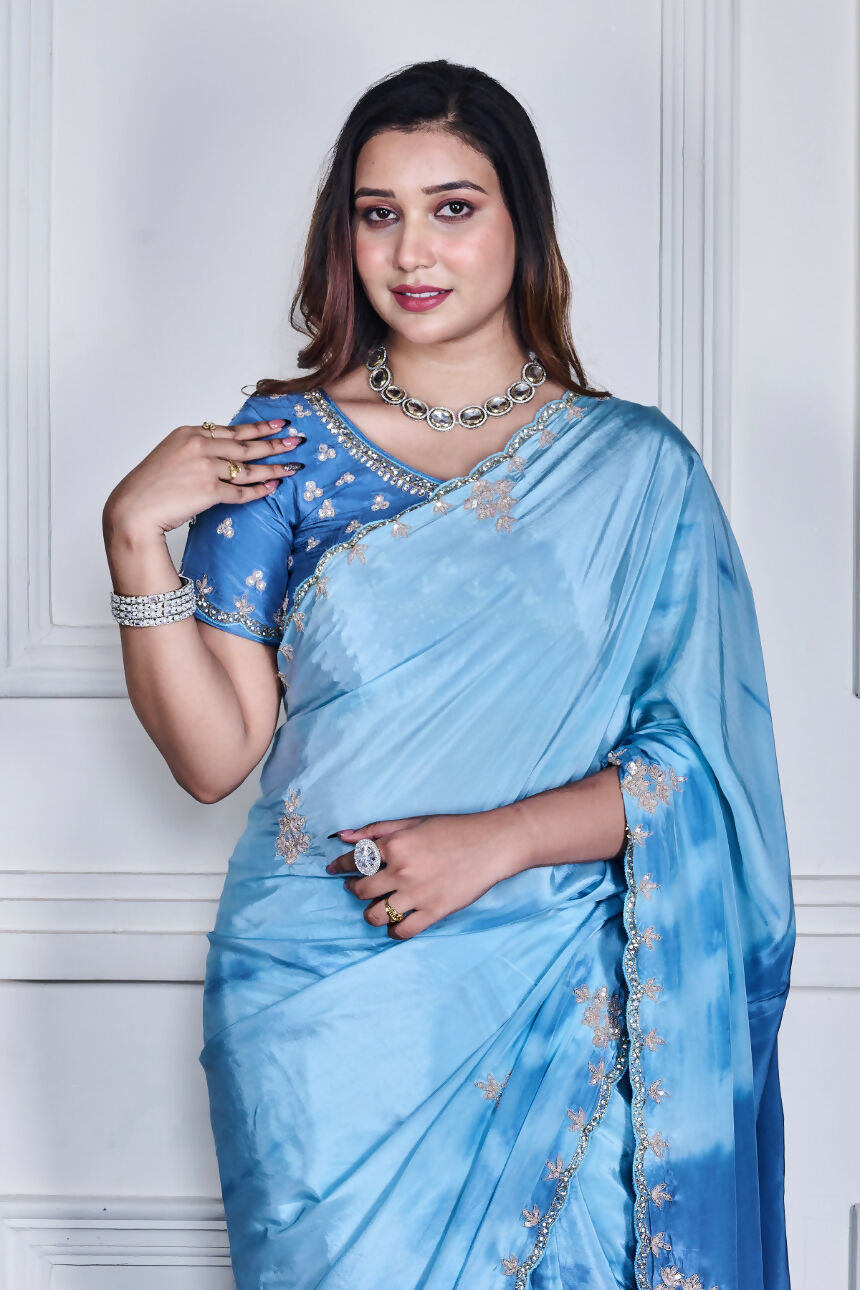 Morchari Sky Blue Crepe Hand Embroidery Saree And Stitched Blouse | Grocsy